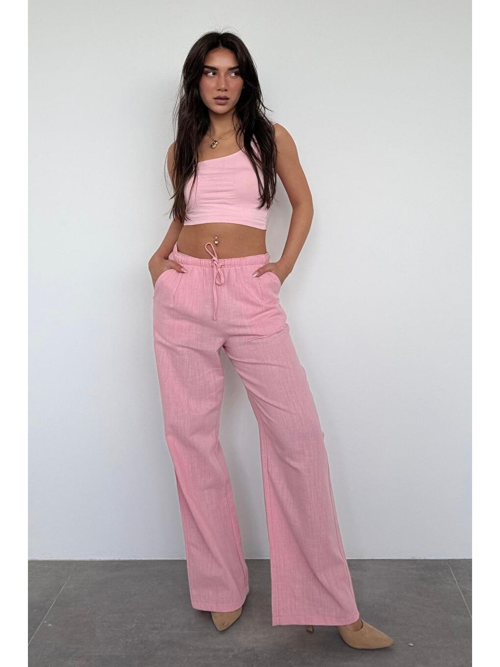 Pembe Beli Büzgülü Wide Leg Kumaş Pantolon Mg1950-1
