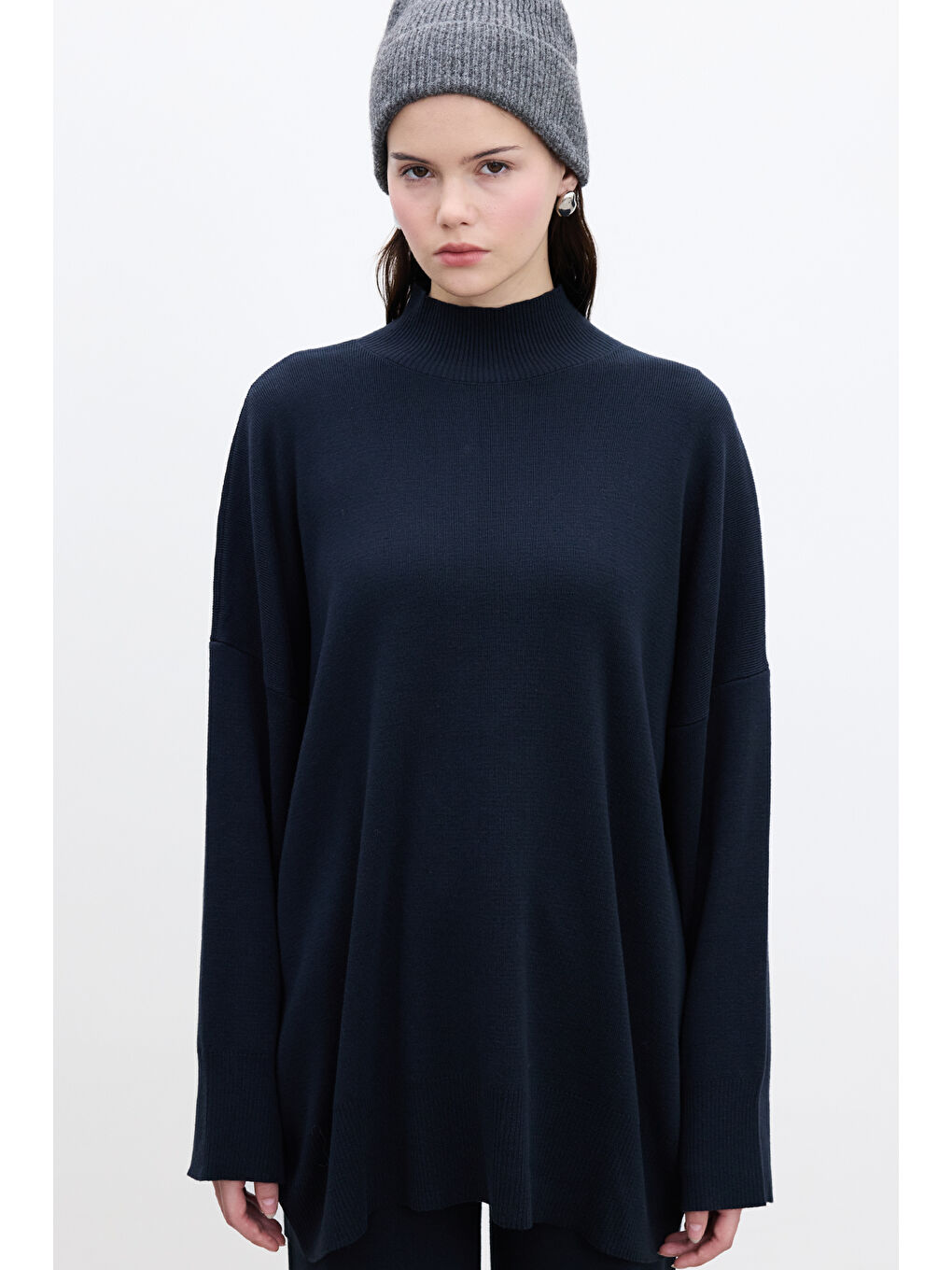Oversize Yüksek Yaka Kazak Lacivert-1