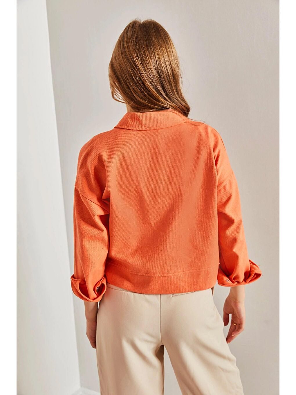 Turuncu Kadın Çift Cepli Gabardin Ceket-3
