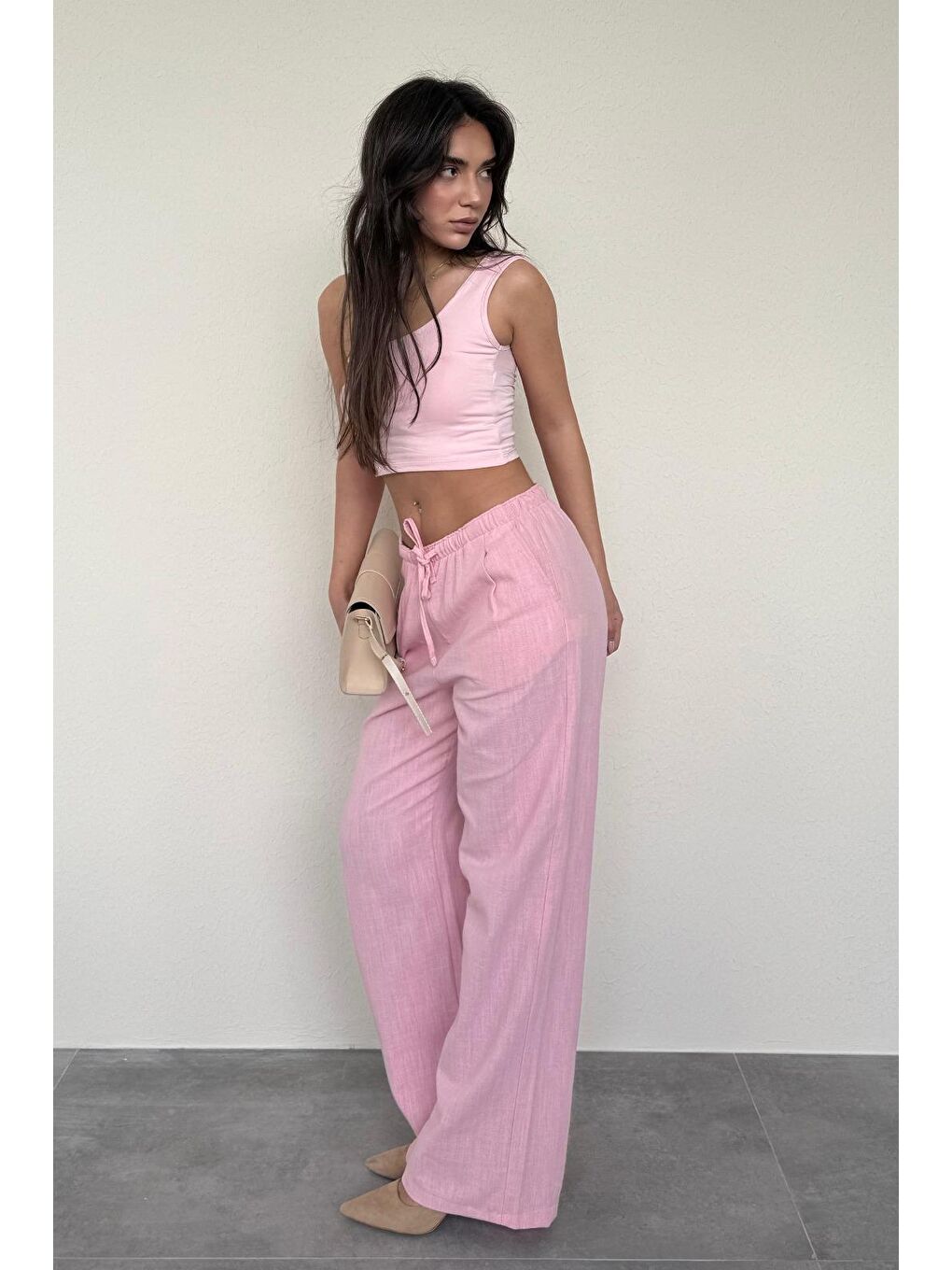 Pembe Beli Büzgülü Wide Leg Kumaş Pantolon Mg1950-2