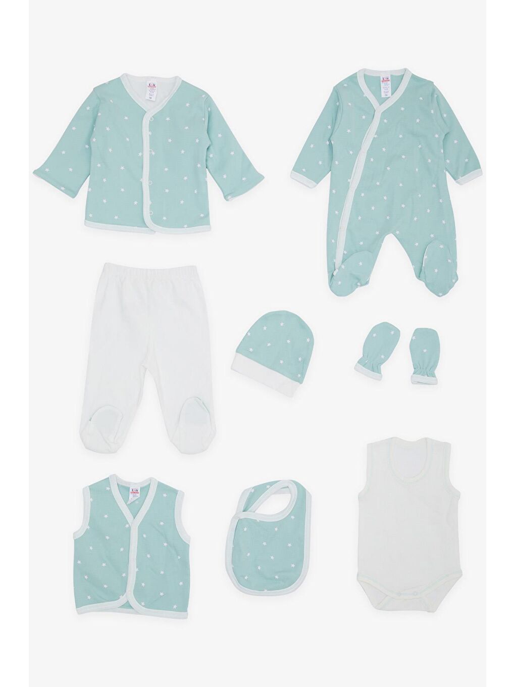 Turkuaz Erkek Bebek Hastane Çıkışı 8 li Yıldız Desenli Su Yeşili (0-3 Ay)