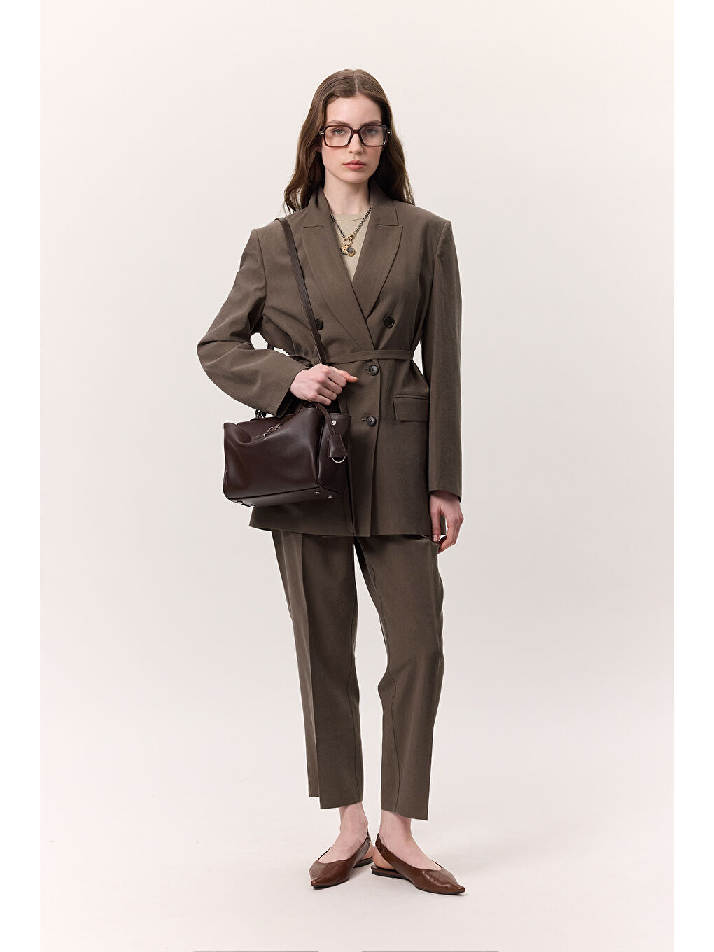 Lyocell Kemerli Kruvaze Blazer Ceket Kahverengi-1