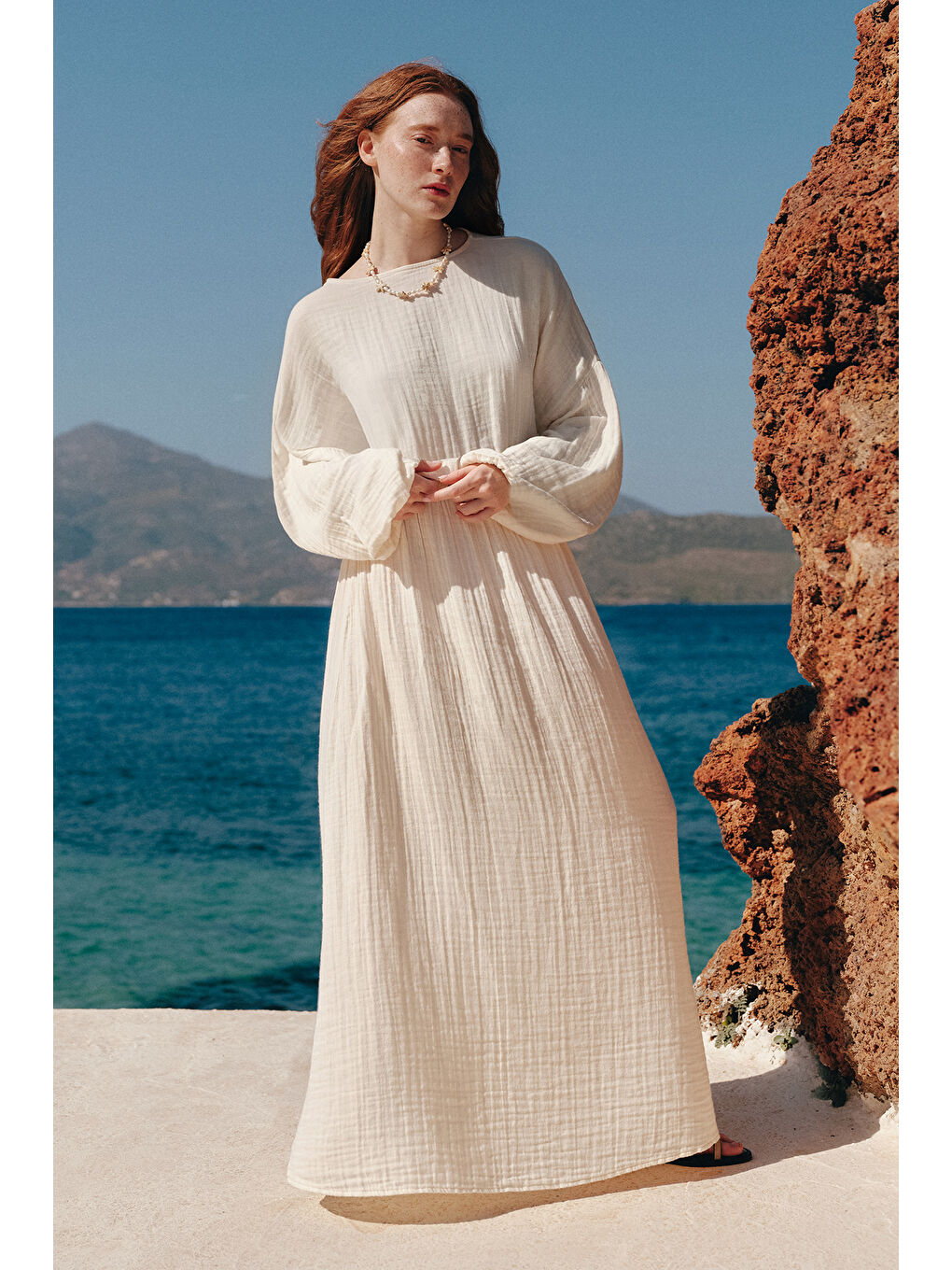 Müslin Beli Büzgülü Elbise Ekru