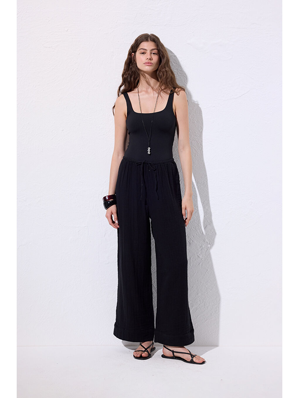 Müslin Bağlamalı Pantolon Siyah-2