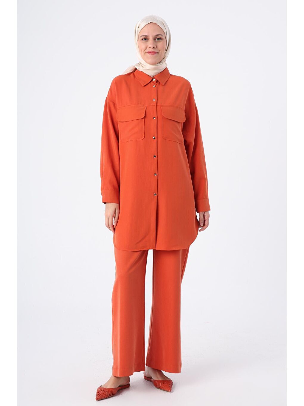 Kahverengi Kiremit Kapaklı Cepli Gömlek Pantolon Takım-1