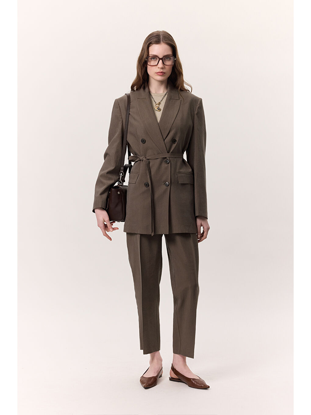 Lyocell Kemerli Kruvaze Blazer Ceket Kahverengi-2