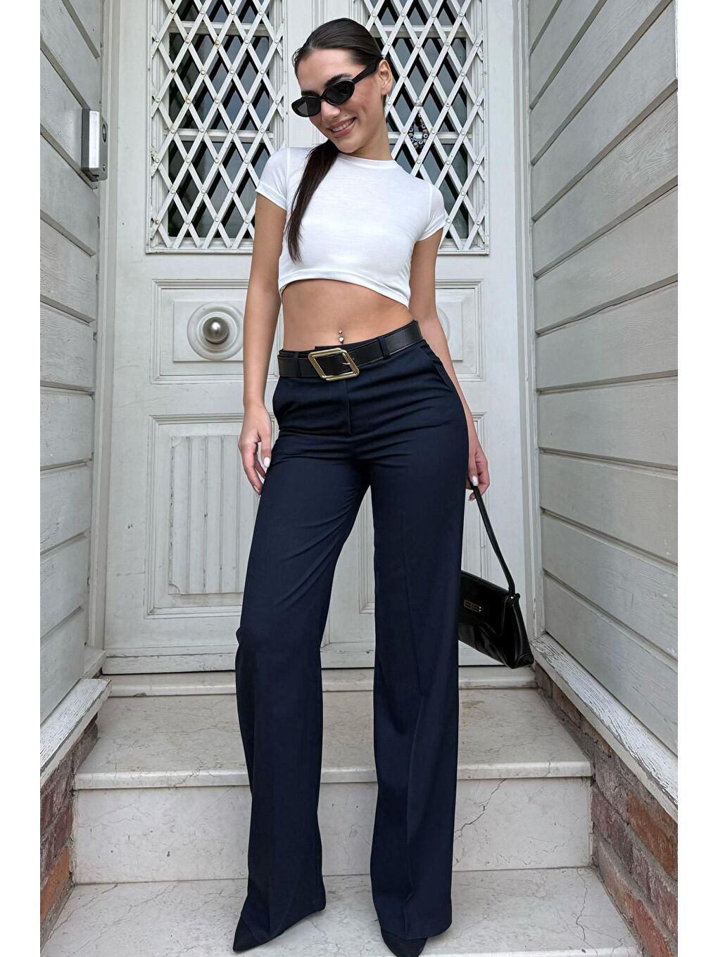 Lacivert Yüksek Bel Kumaş Pantolon Mg2285-2