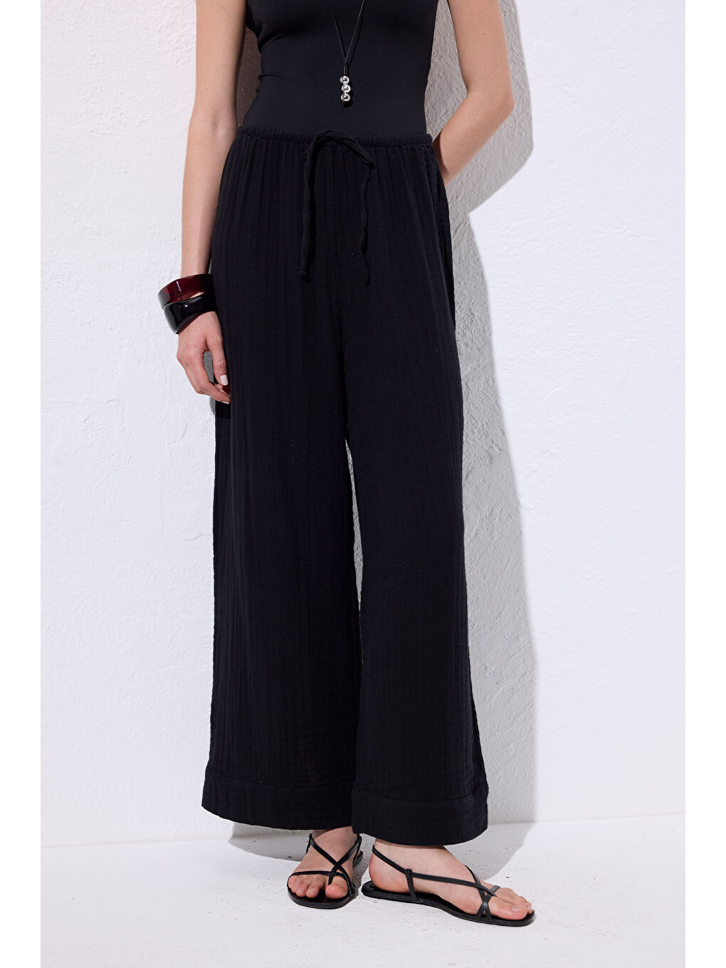 Müslin Bağlamalı Pantolon Siyah-3