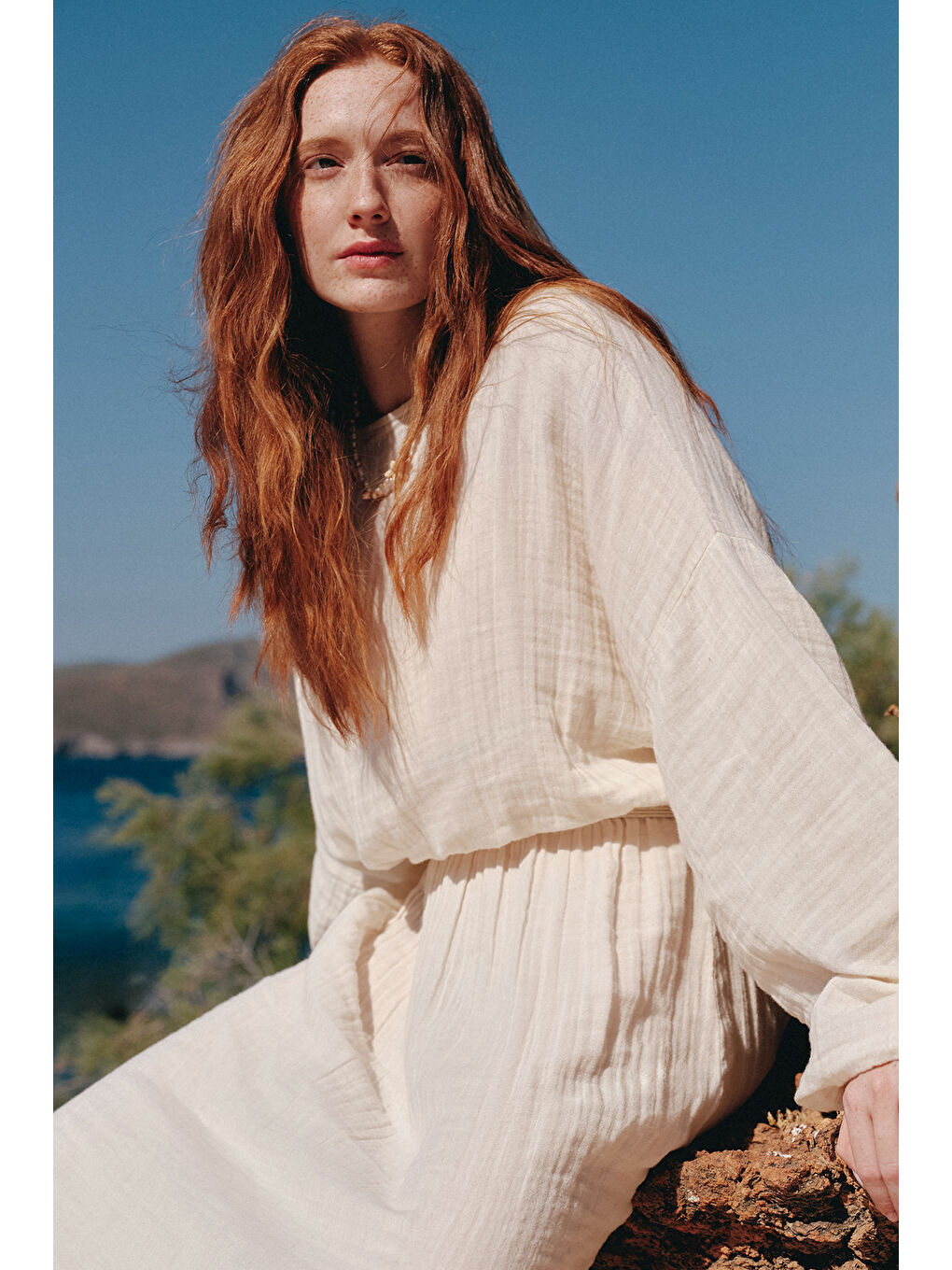 Müslin Beli Büzgülü Elbise Ekru-1