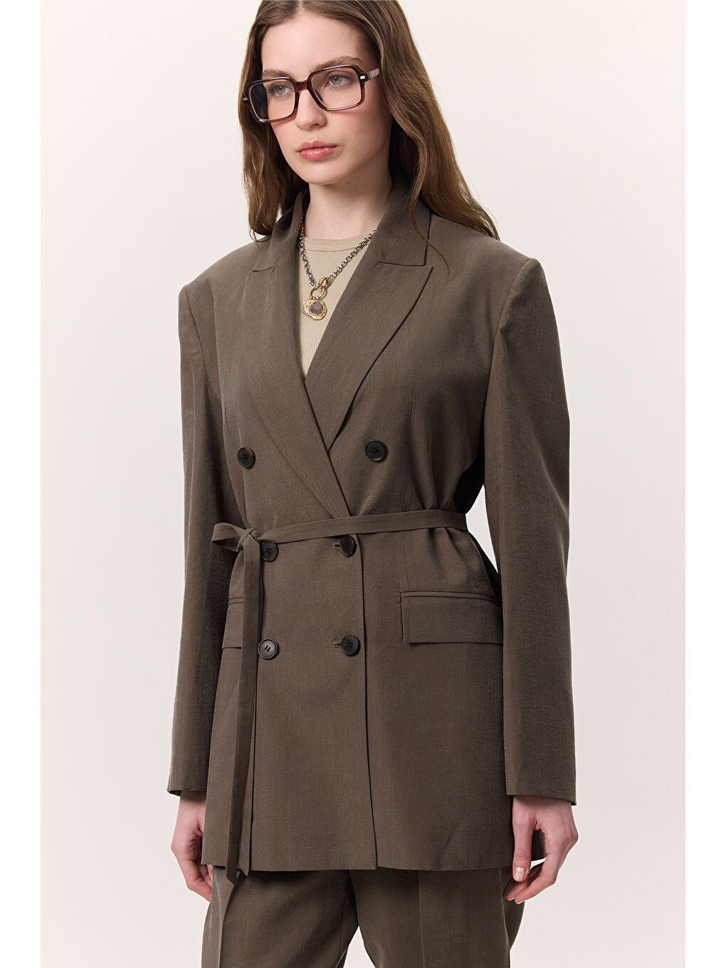 Lyocell Kemerli Kruvaze Blazer Ceket Kahverengi-3