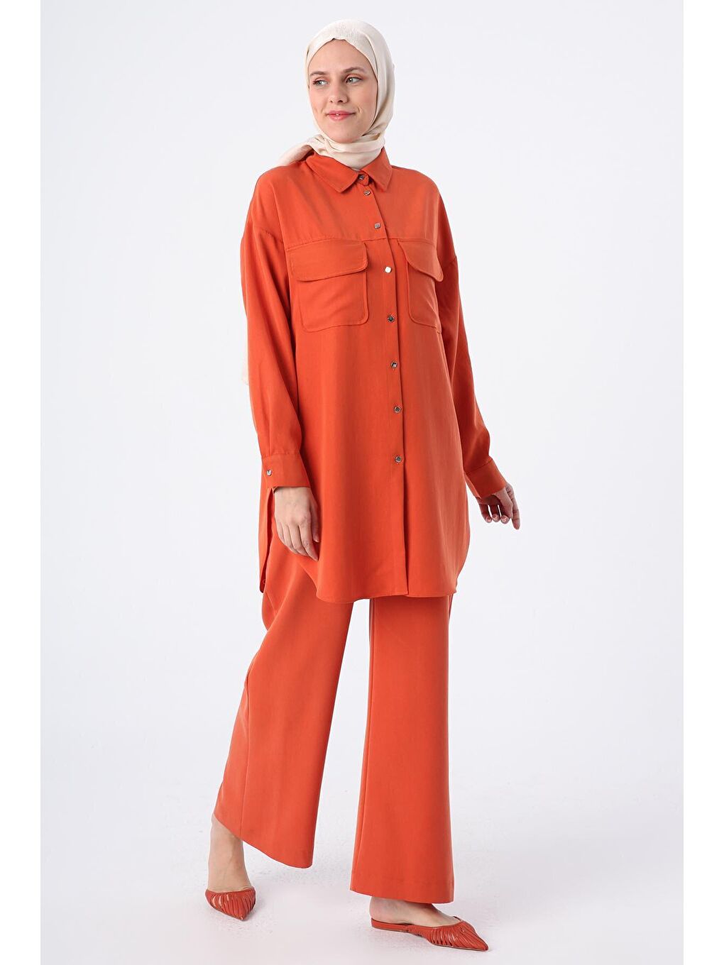 Kahverengi Kiremit Kapaklı Cepli Gömlek Pantolon Takım-2