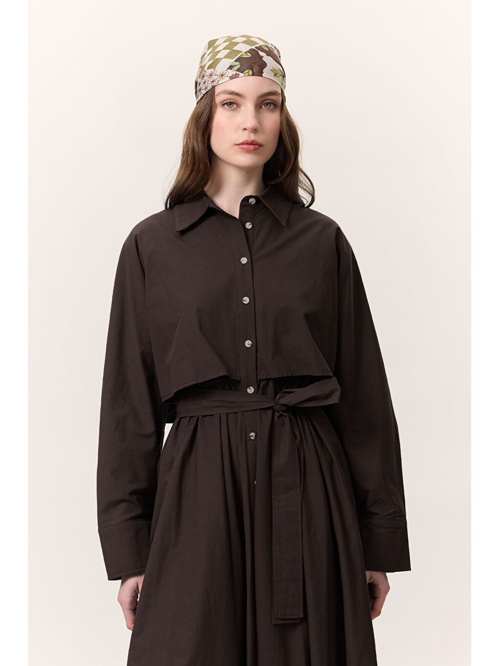 Trenç Tarz Gömlek Elbise Kahverengi-1