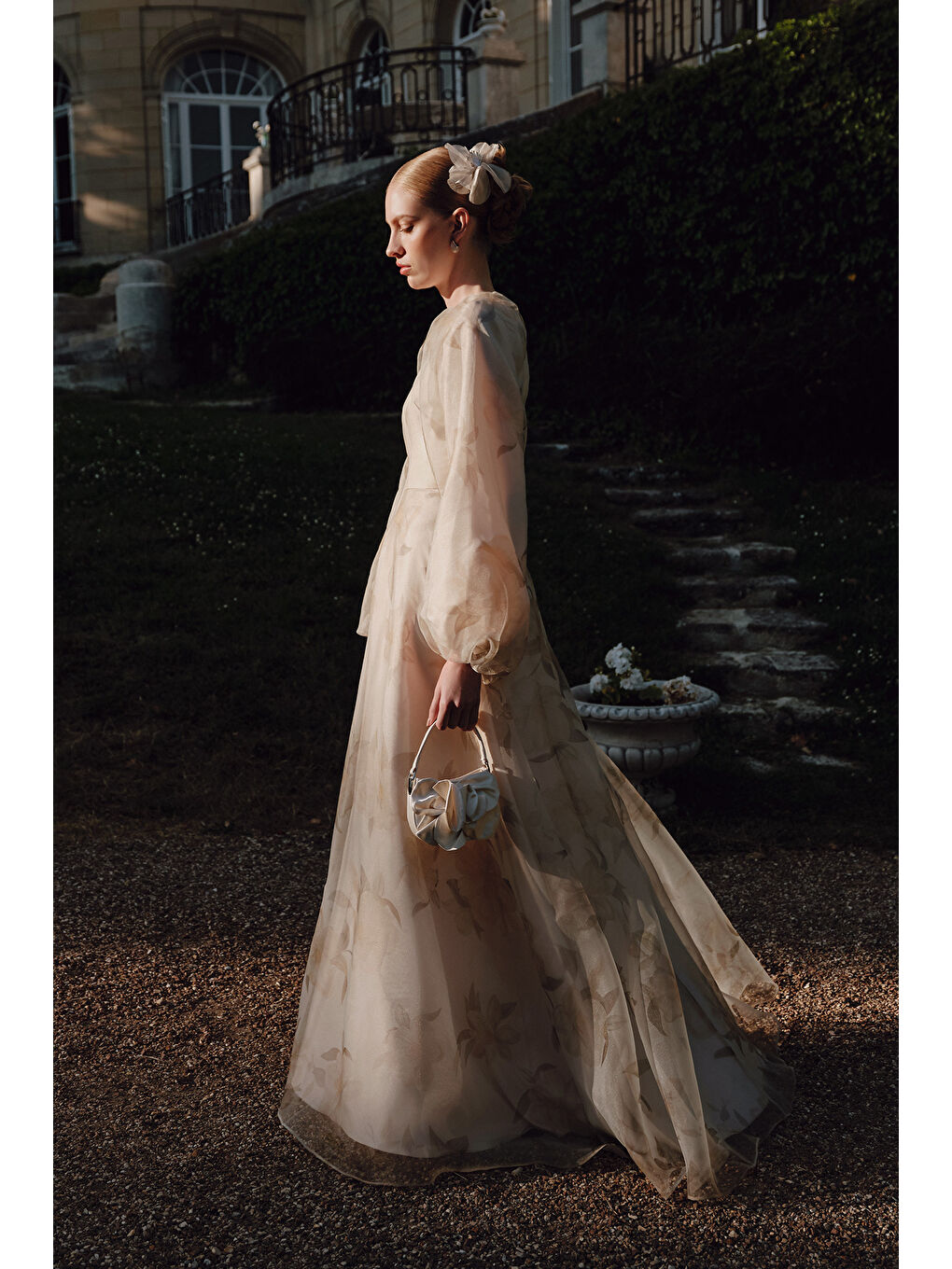 Bej Ulla Desenli Organze Abiye Elbise Vanilya