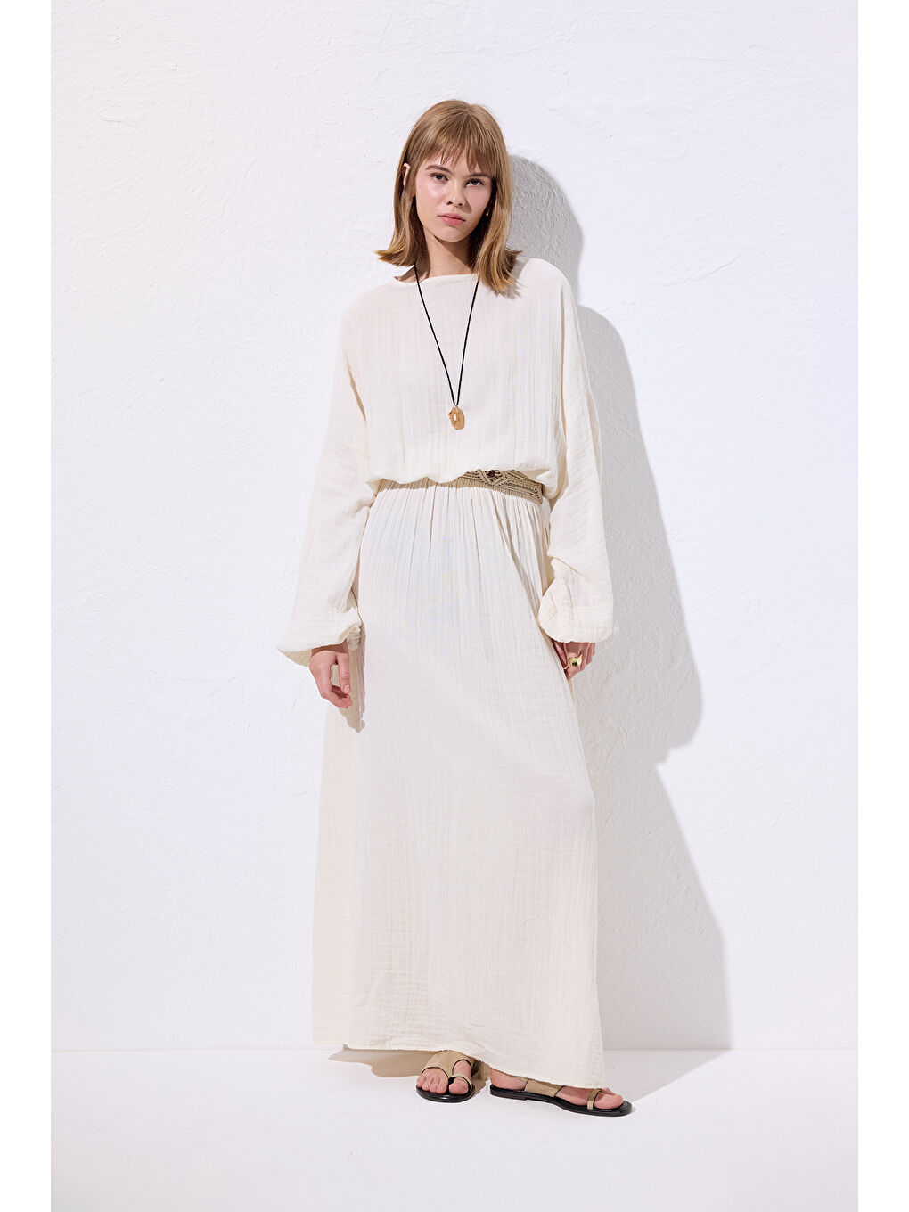 Müslin Beli Büzgülü Elbise Ekru-2