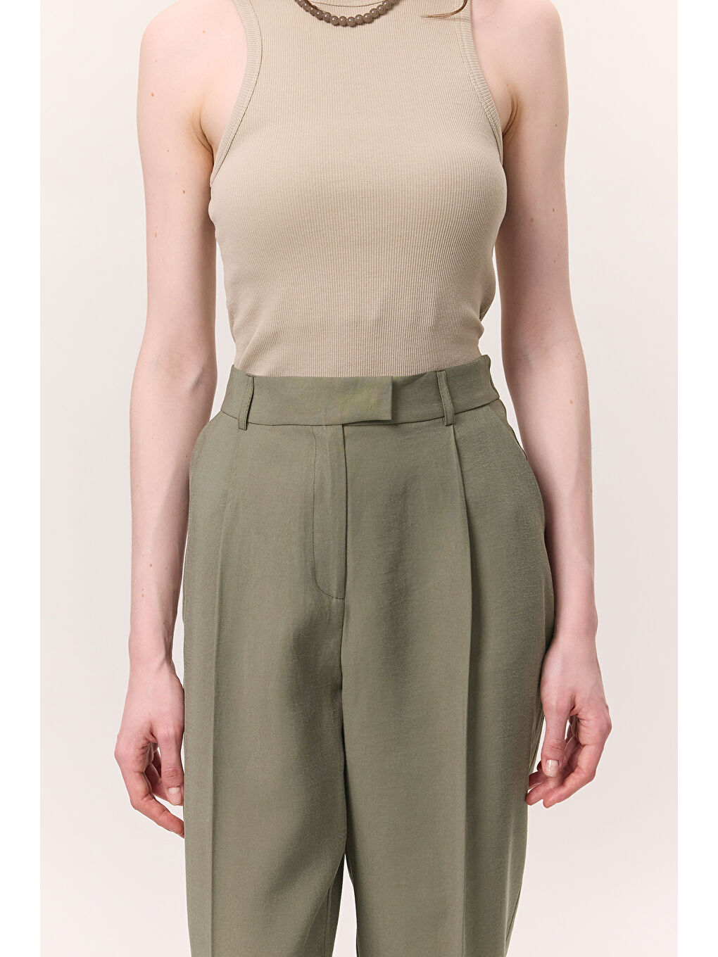 Yeşil Lyocell Pileli Pantolon Çağla-4