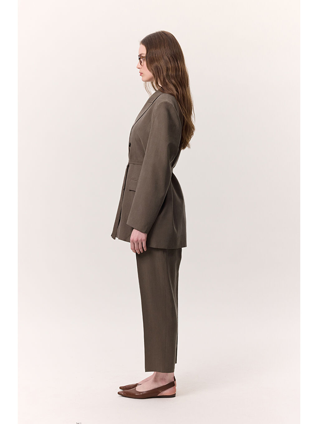 Lyocell Kemerli Kruvaze Blazer Ceket Kahverengi-5