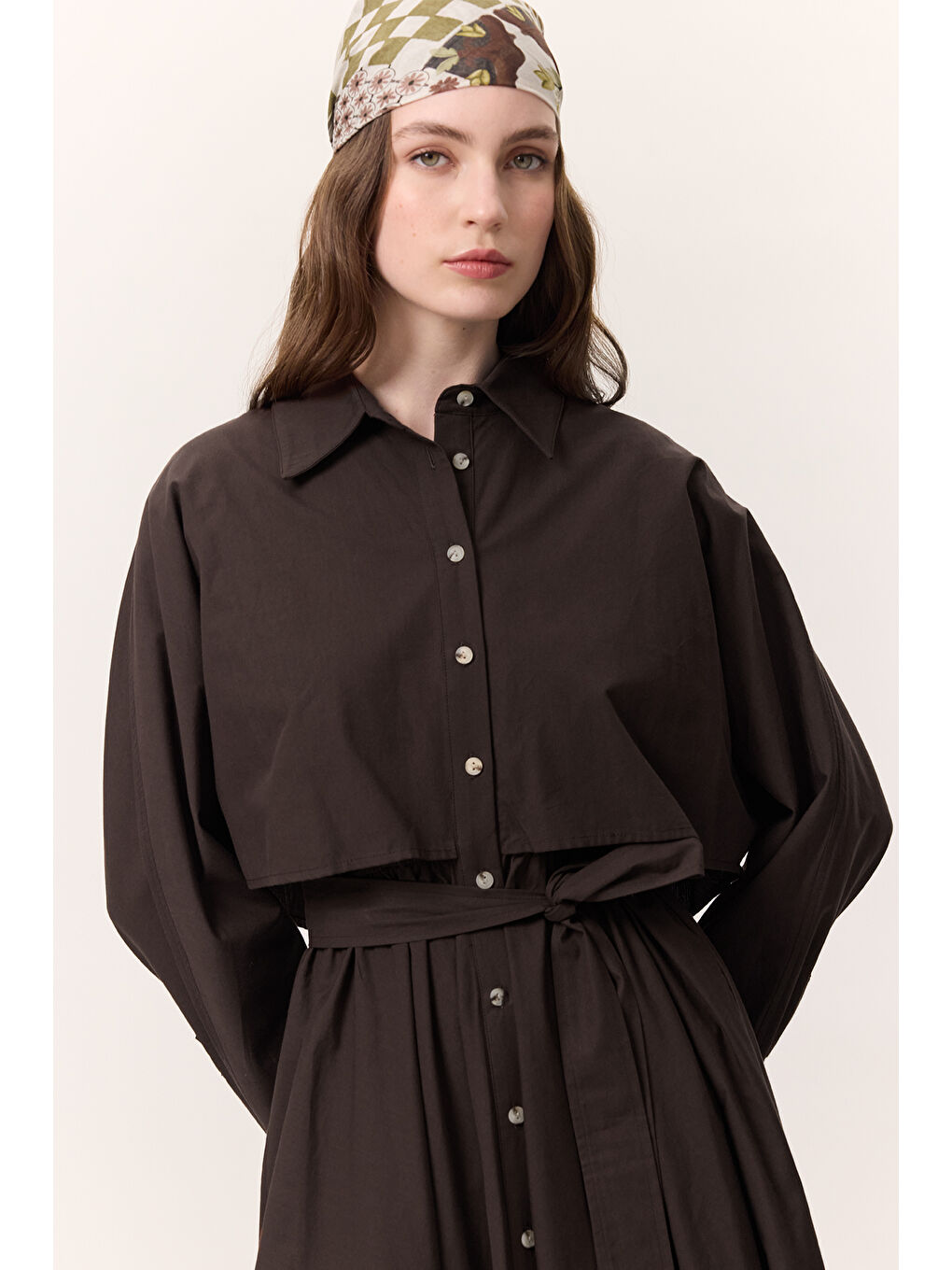 Trenç Tarz Gömlek Elbise Kahverengi-3