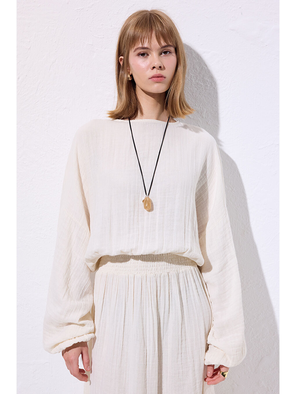 Müslin Beli Büzgülü Elbise Ekru-3