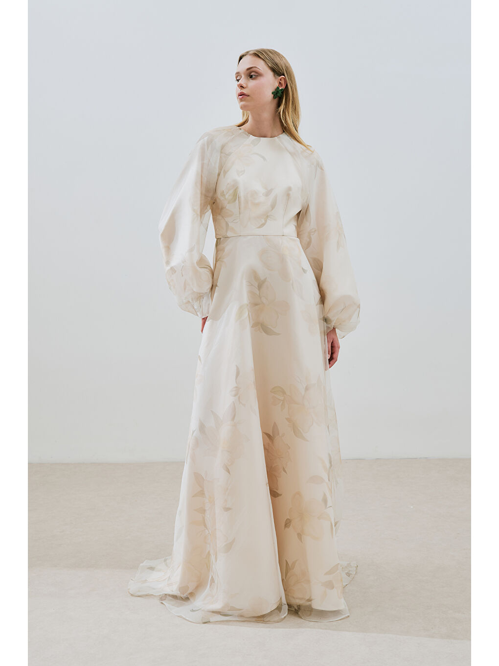 Bej Ulla Desenli Organze Abiye Elbise Vanilya-2