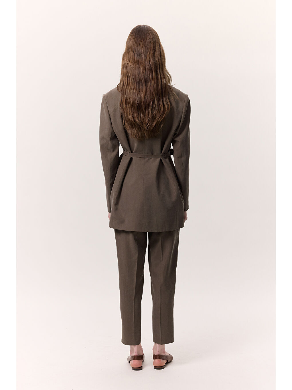 Lyocell Kemerli Kruvaze Blazer Ceket Kahverengi-6