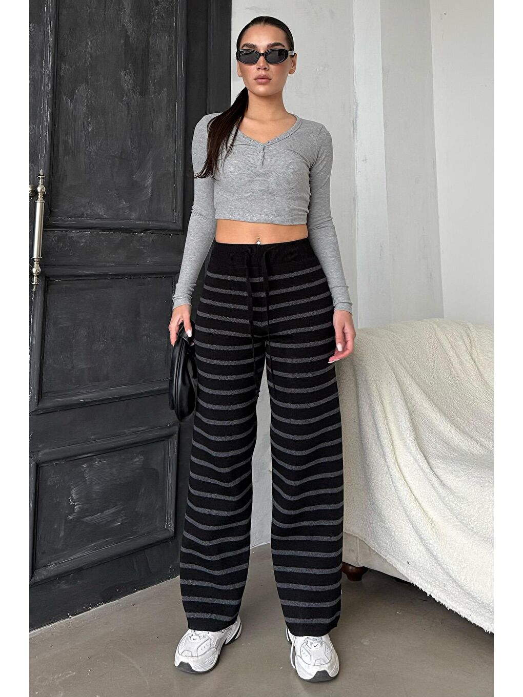 Antrasit Çizgili Kadın Triko Pantolon Mg2342-3