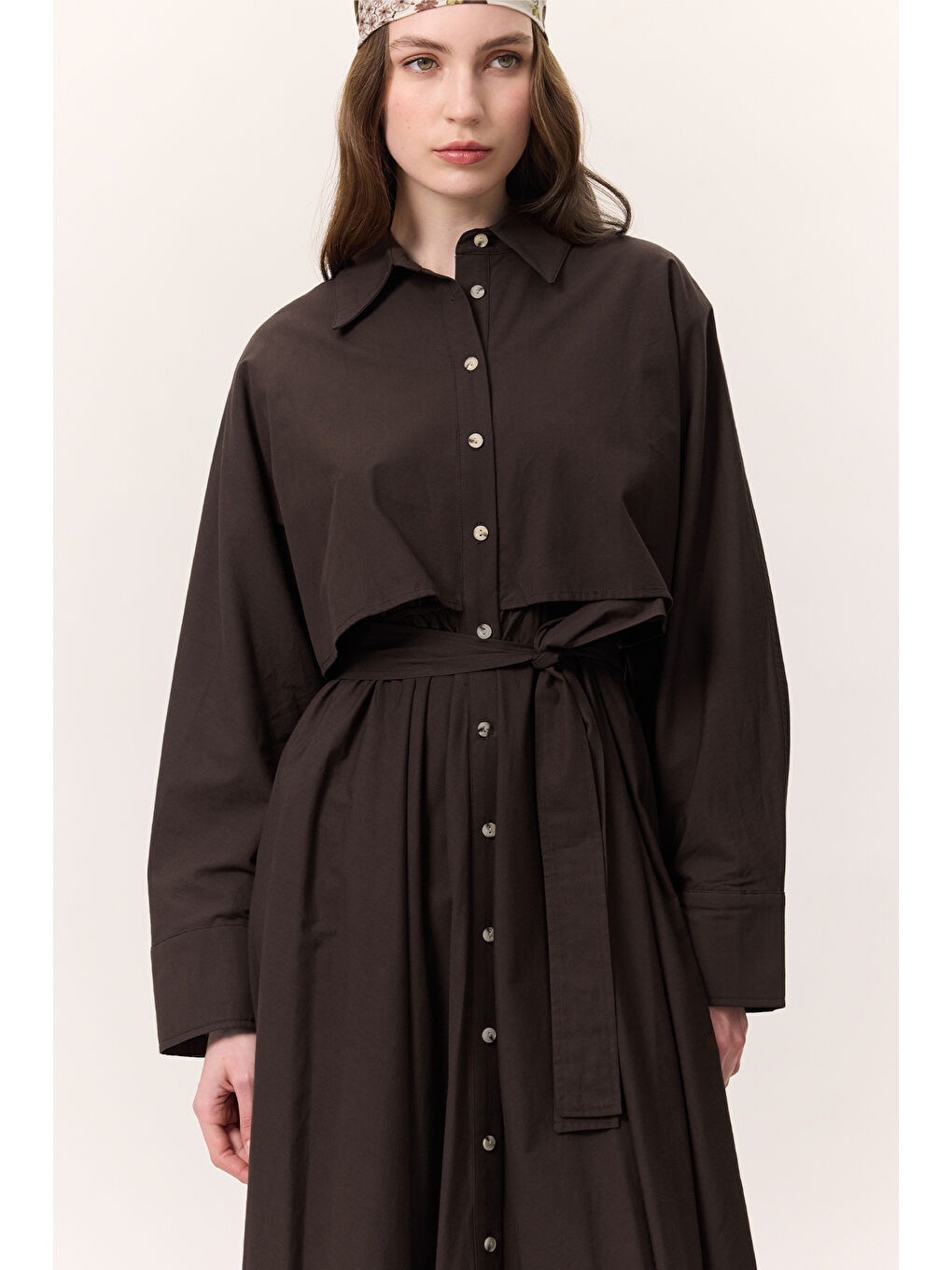 Trenç Tarz Gömlek Elbise Kahverengi-5