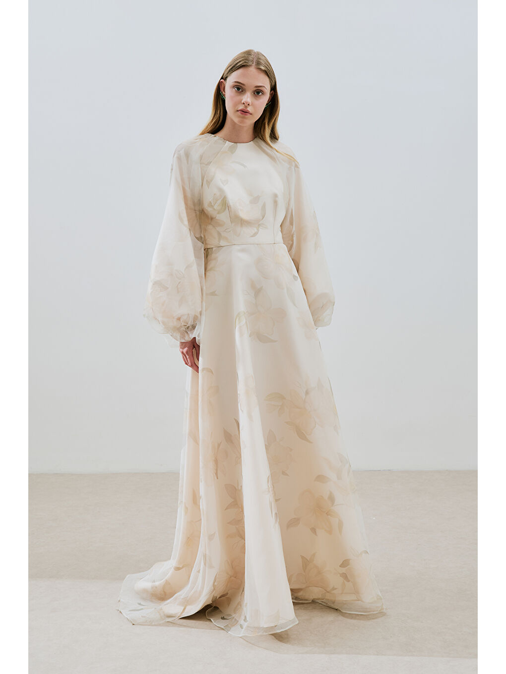 Bej Ulla Desenli Organze Abiye Elbise Vanilya-3