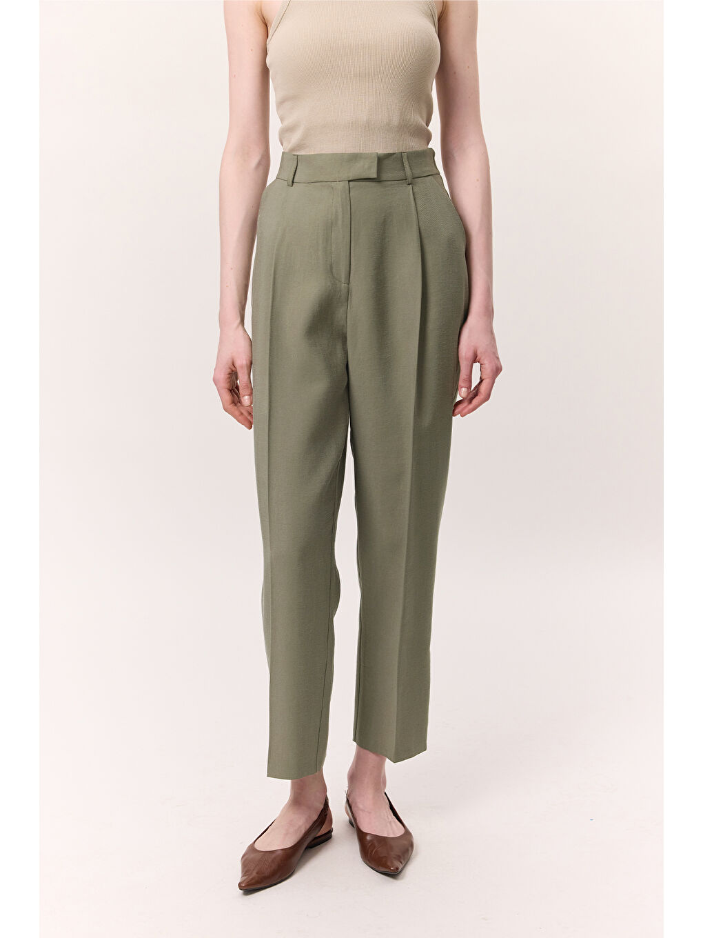 Yeşil Lyocell Pileli Pantolon Çağla-5