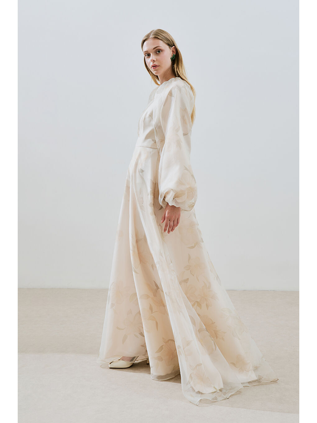 Bej Ulla Desenli Organze Abiye Elbise Vanilya-4