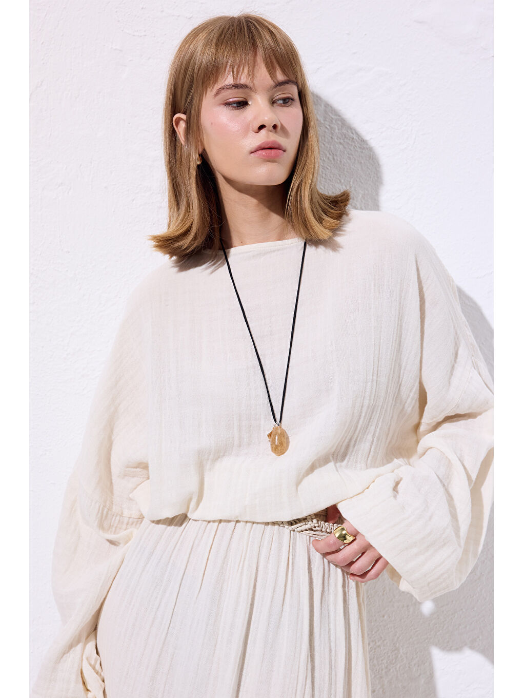 Müslin Beli Büzgülü Elbise Ekru-5