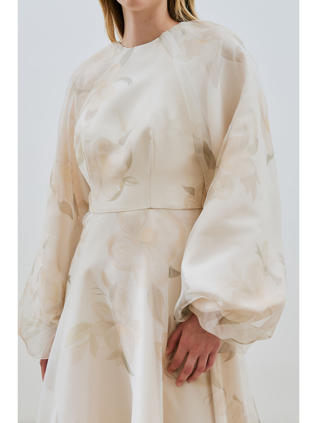 Bej Ulla Desenli Organze Abiye Elbise Vanilya-5