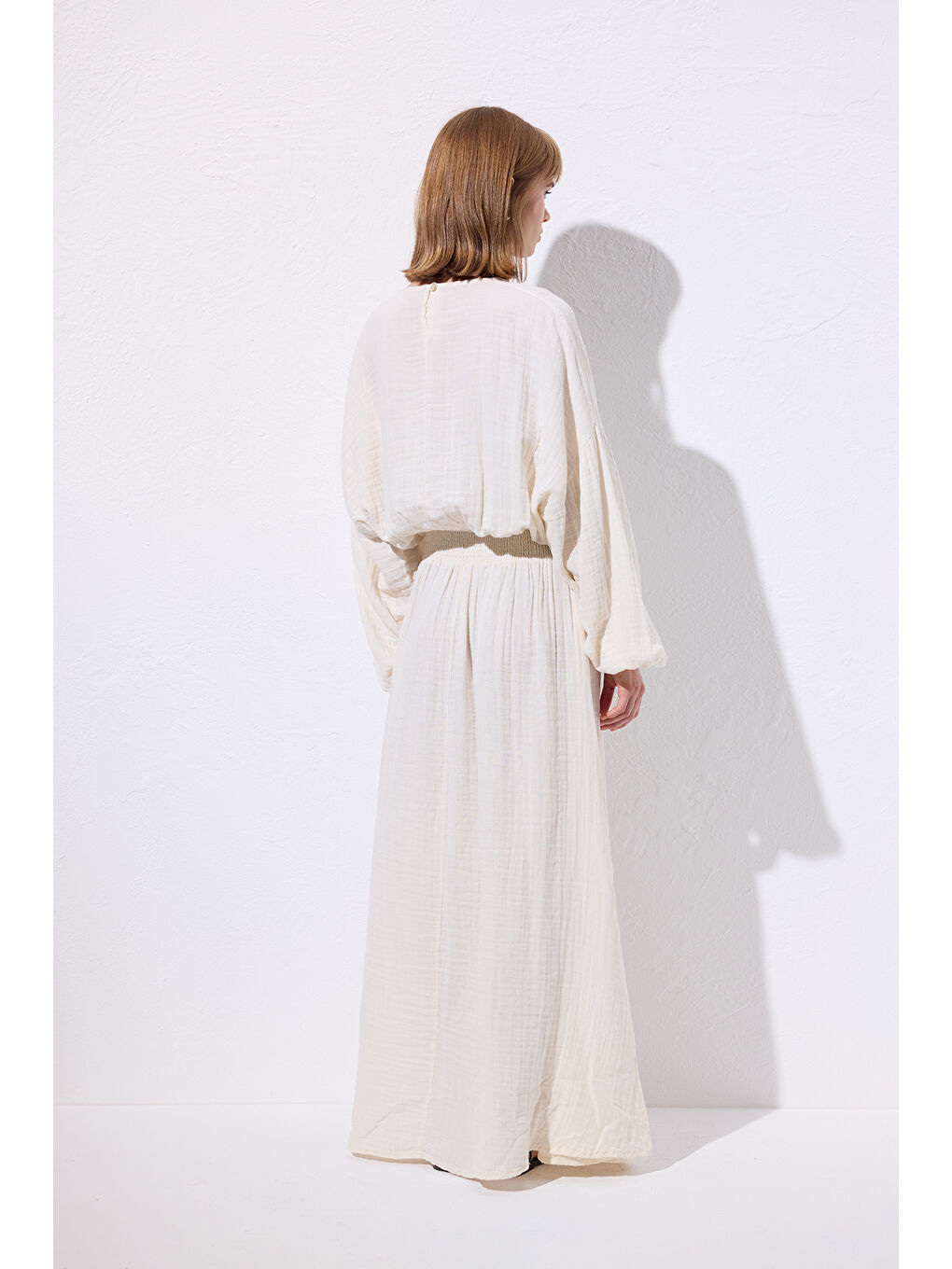 Müslin Beli Büzgülü Elbise Ekru-7