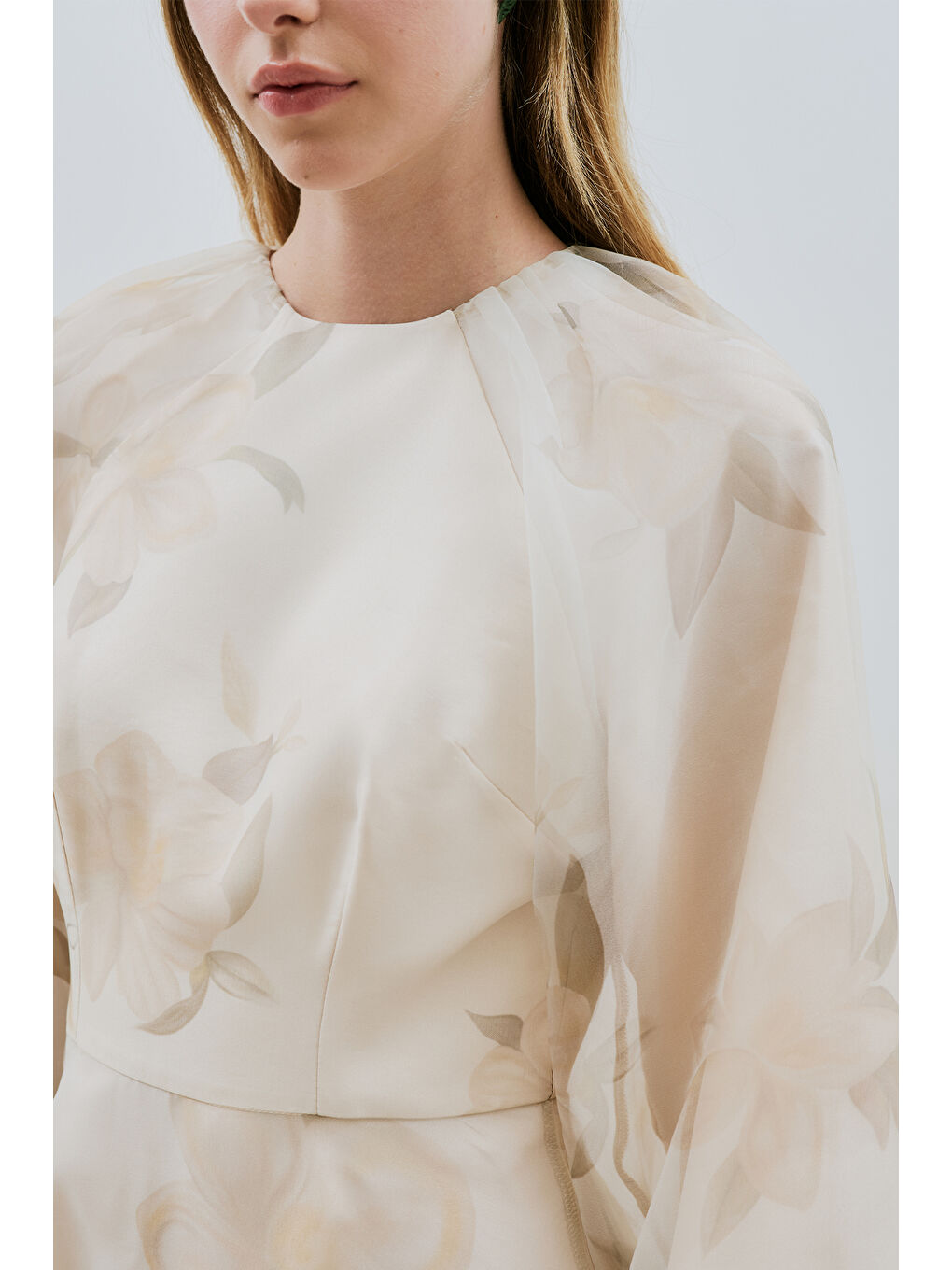 Bej Ulla Desenli Organze Abiye Elbise Vanilya-6