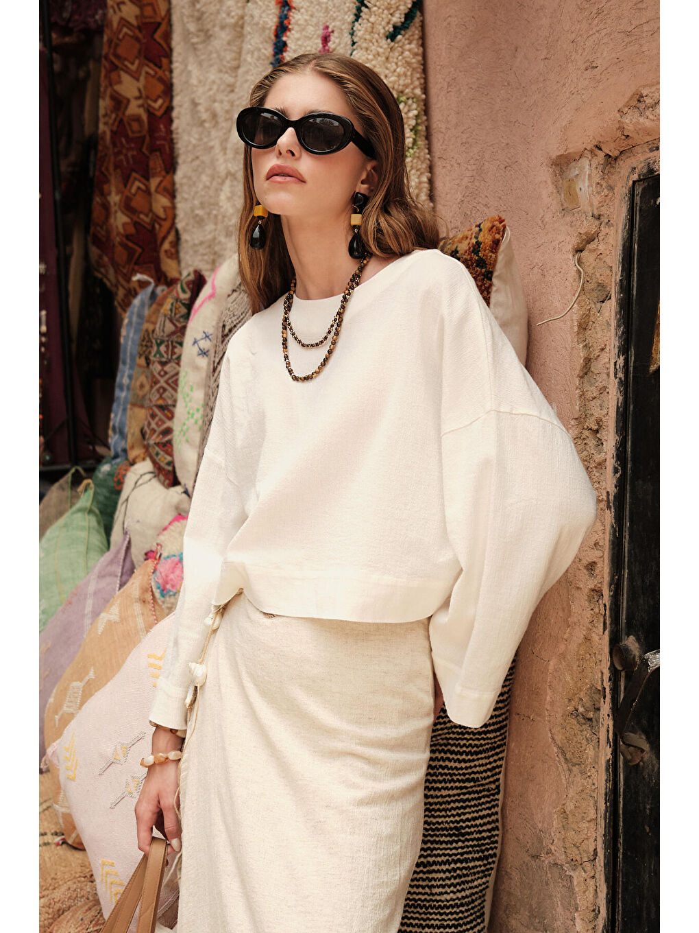 Pamuklu Geniş Kol Crop Bluz Ekru