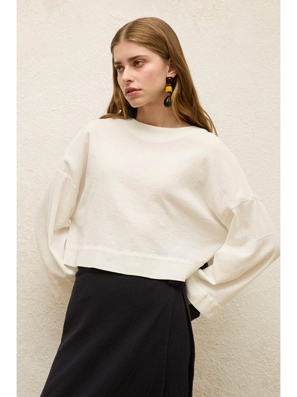 Pamuklu Geniş Kol Crop Bluz Ekru-1