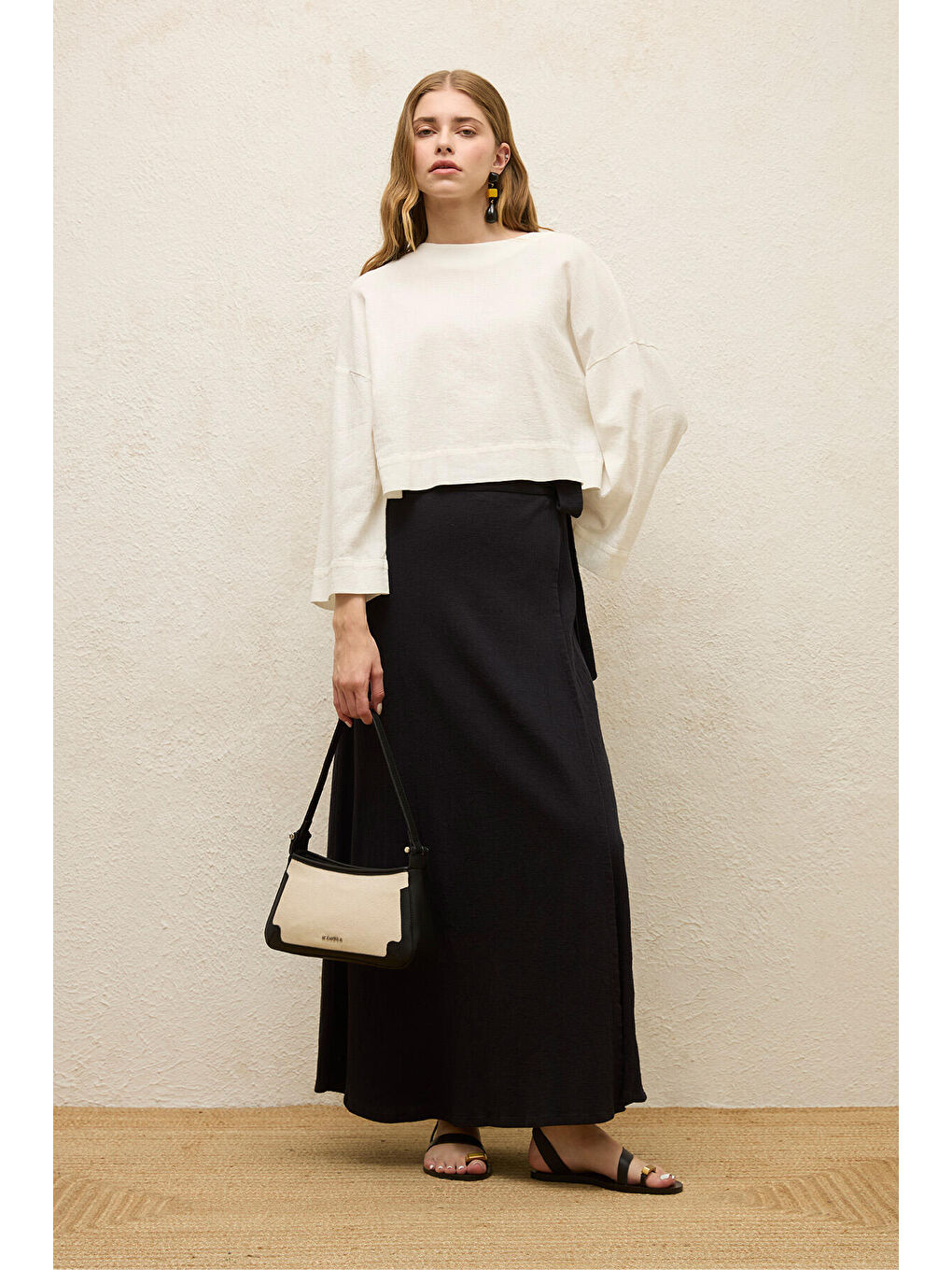 Pamuklu Geniş Kol Crop Bluz Ekru-2