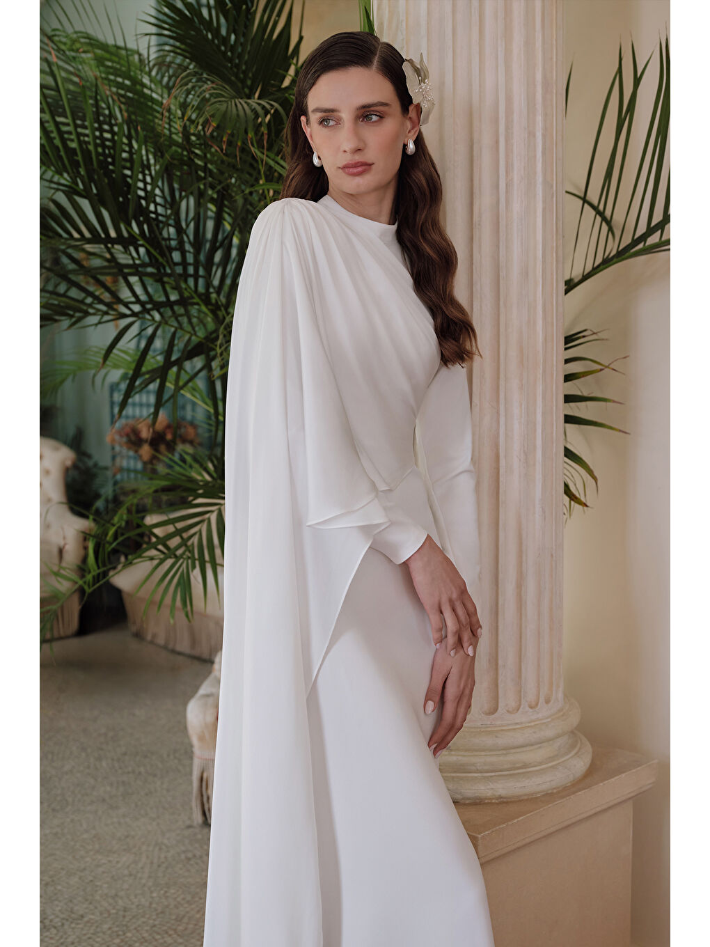 Lana Pelerinli Abiye Elbise Ekru-1