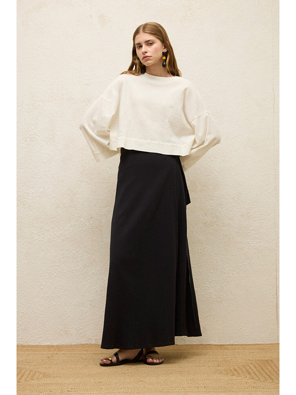 Pamuklu Geniş Kol Crop Bluz Ekru-3