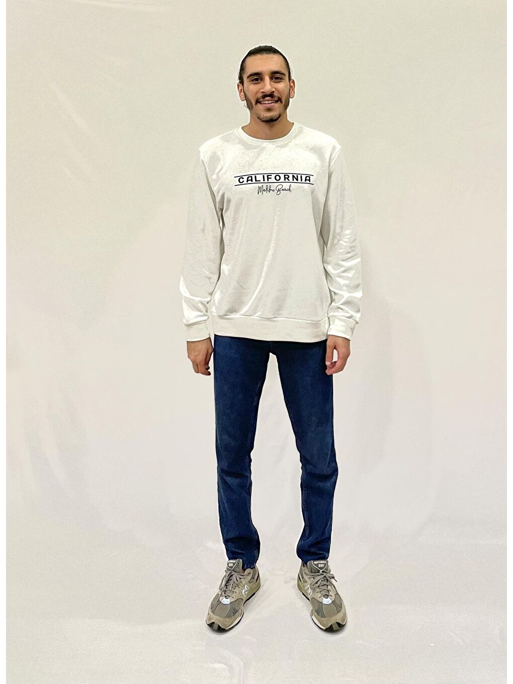 Süperlife Ekru Erkek Bisiklet Yaka Rahat Kalıp 3 iplik Kalın Californıa Baskılı Sweatshirt SPR24SW32