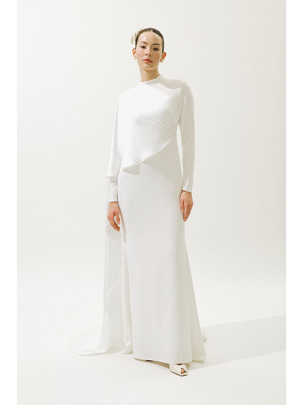 Lana Pelerinli Abiye Elbise Ekru-2