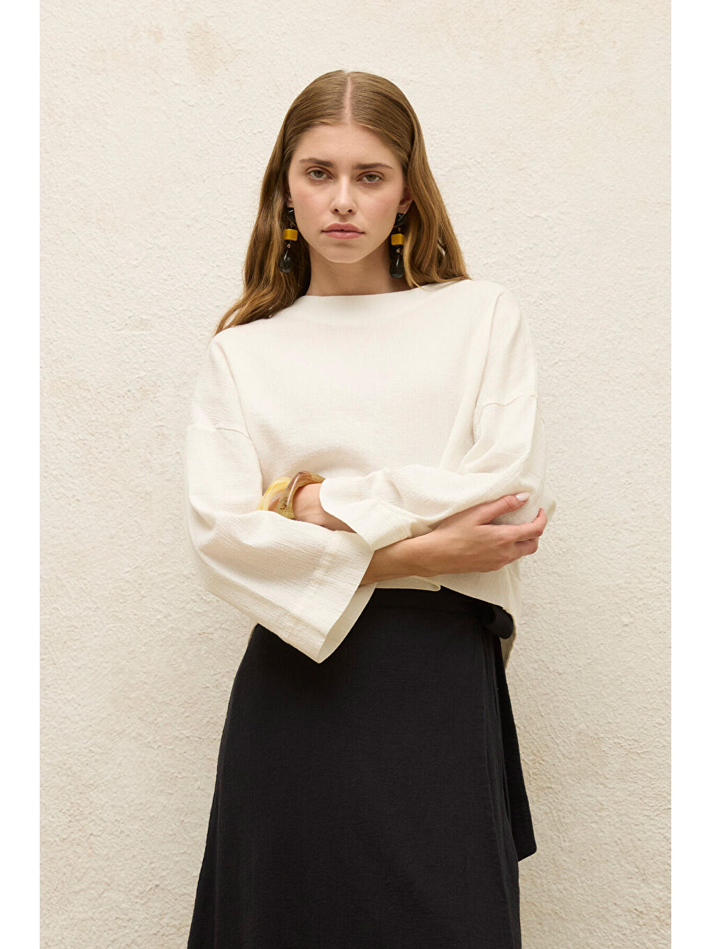 Pamuklu Geniş Kol Crop Bluz Ekru-5