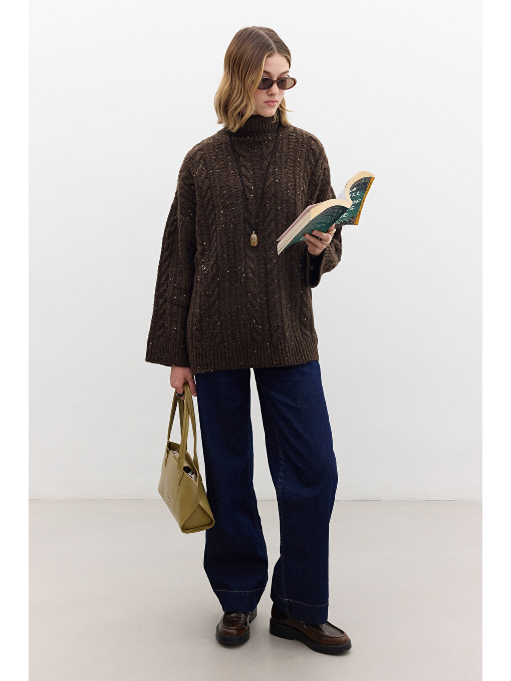 Boğazlı Örgü Triko Kazak Kahverengi