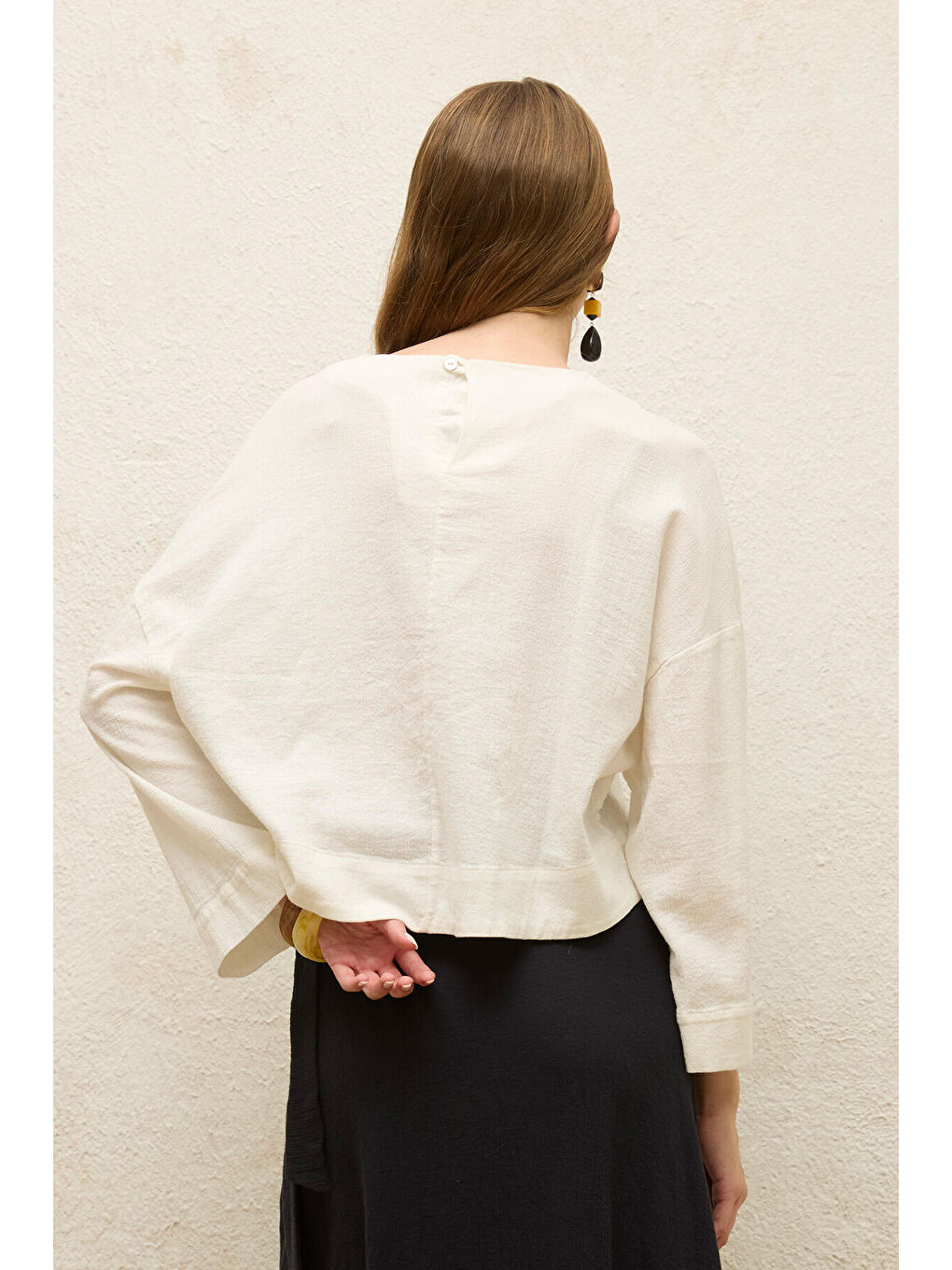 Pamuklu Geniş Kol Crop Bluz Ekru-6