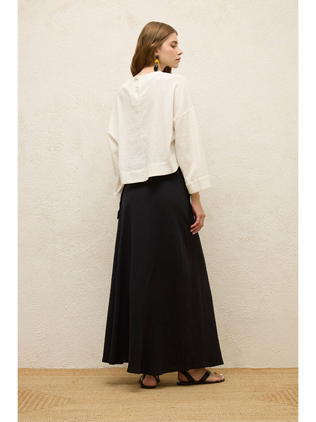 Pamuklu Geniş Kol Crop Bluz Ekru-7