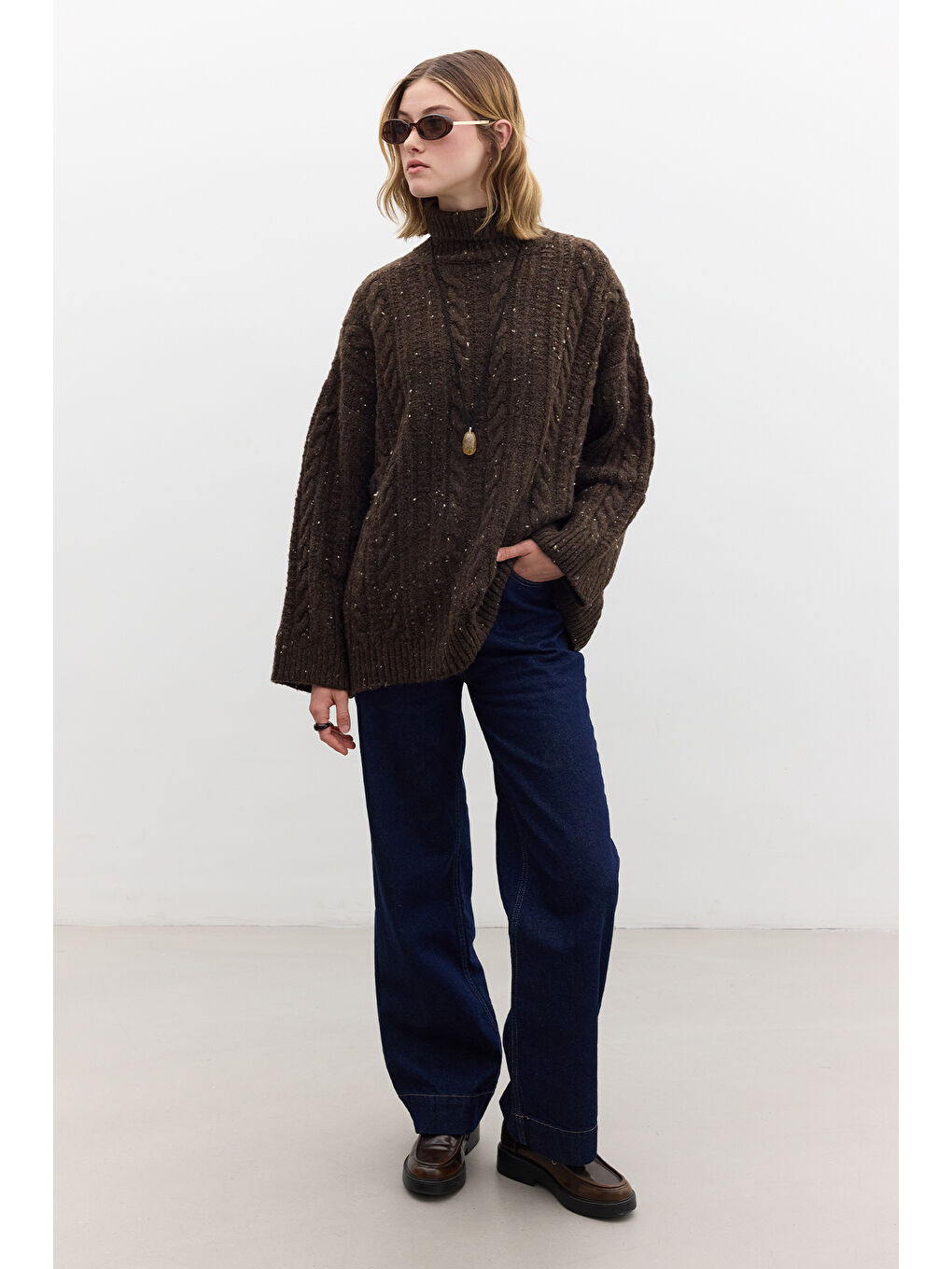 Boğazlı Örgü Triko Kazak Kahverengi-2