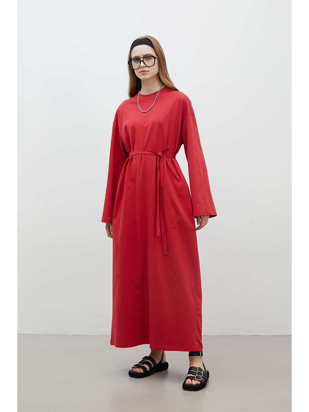 Oversize Pamuklu Elbise Kırmızı-3