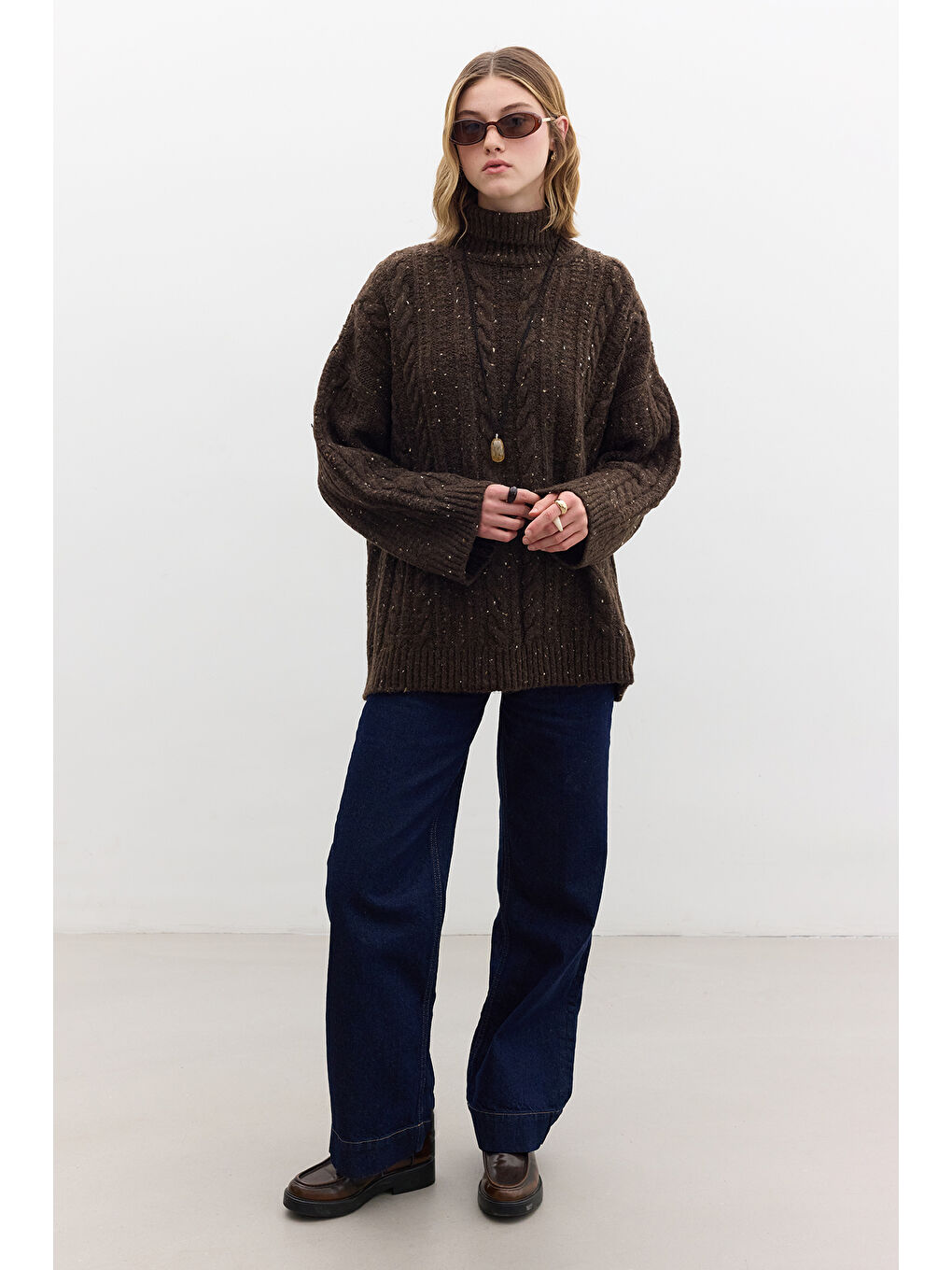 Boğazlı Örgü Triko Kazak Kahverengi-3