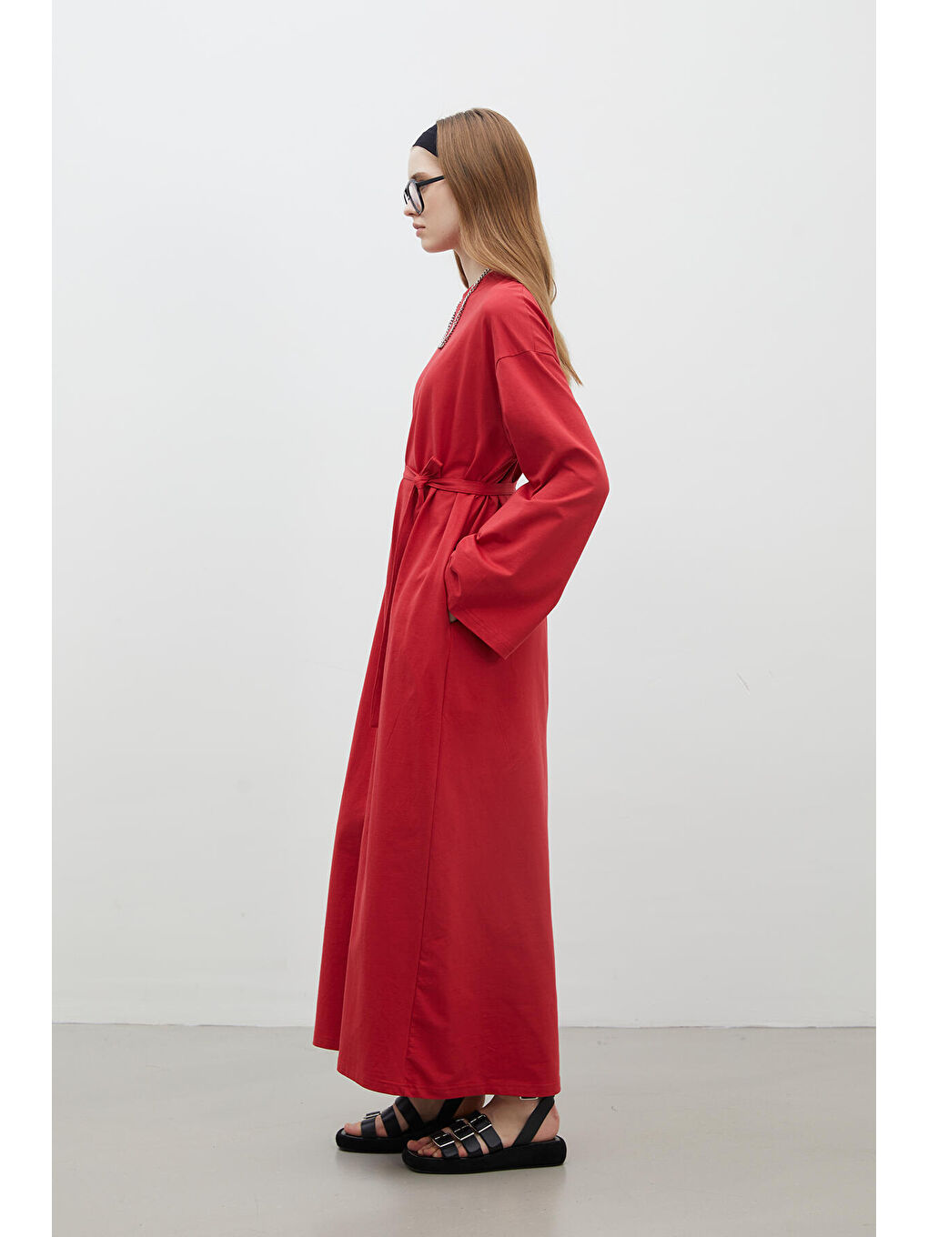 Oversize Pamuklu Elbise Kırmızı-4