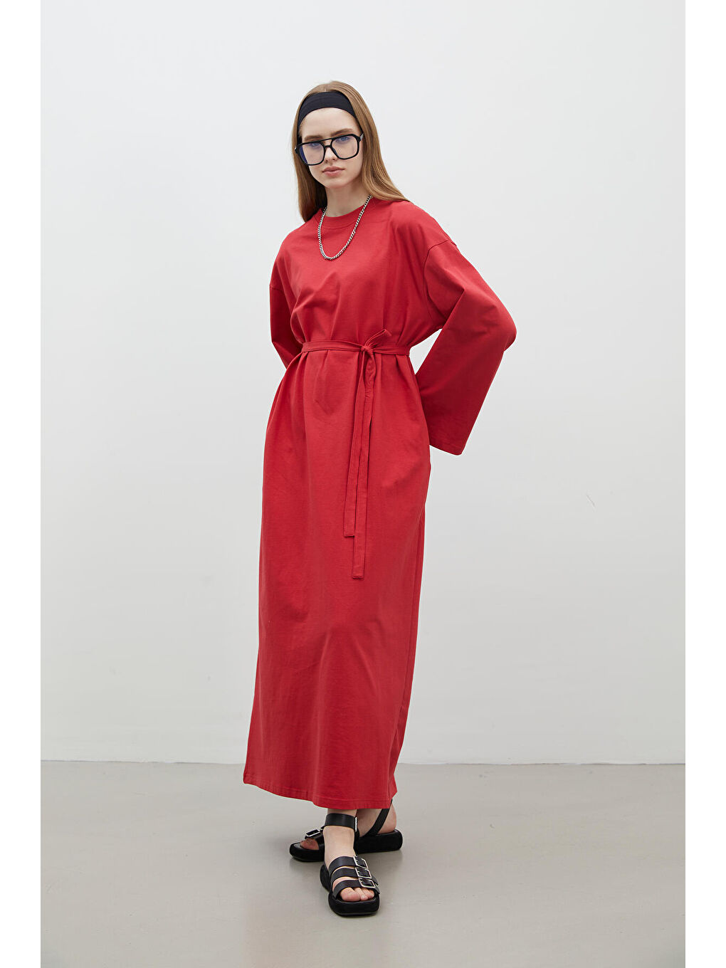 Oversize Pamuklu Elbise Kırmızı-5