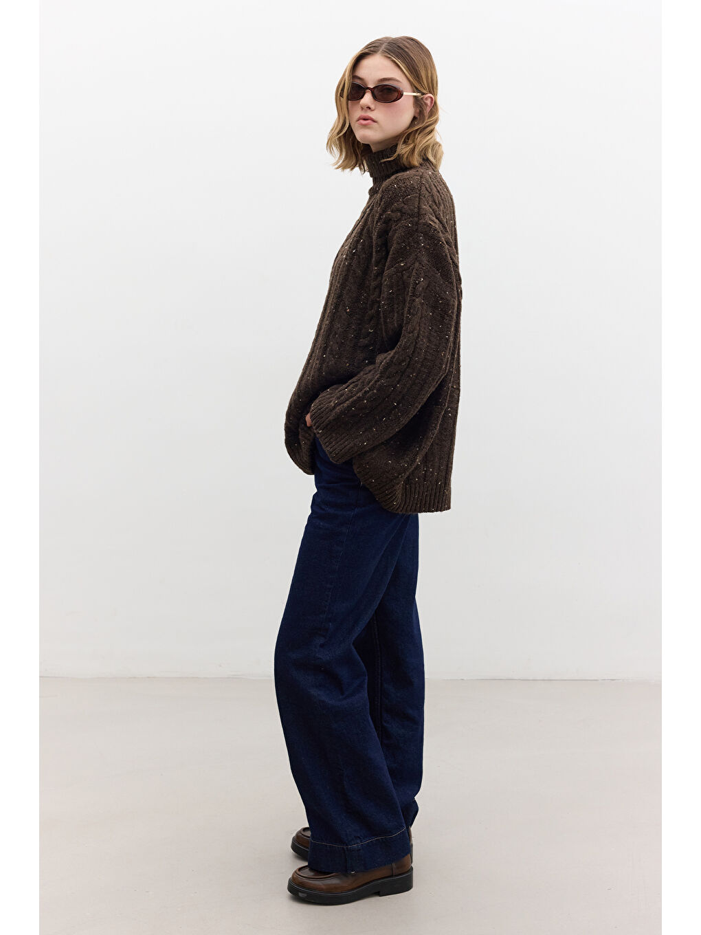 Boğazlı Örgü Triko Kazak Kahverengi-4